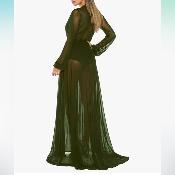 Green sheer long duster Hollywood robe lingerie yacht lounge cover up bikini nwt